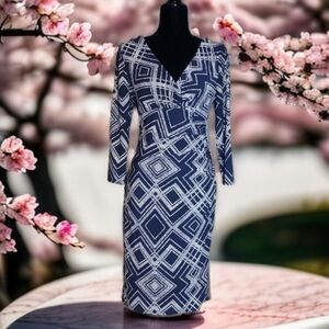 Elegant Geometric Navy Dress.. Size 10. Below The Knee